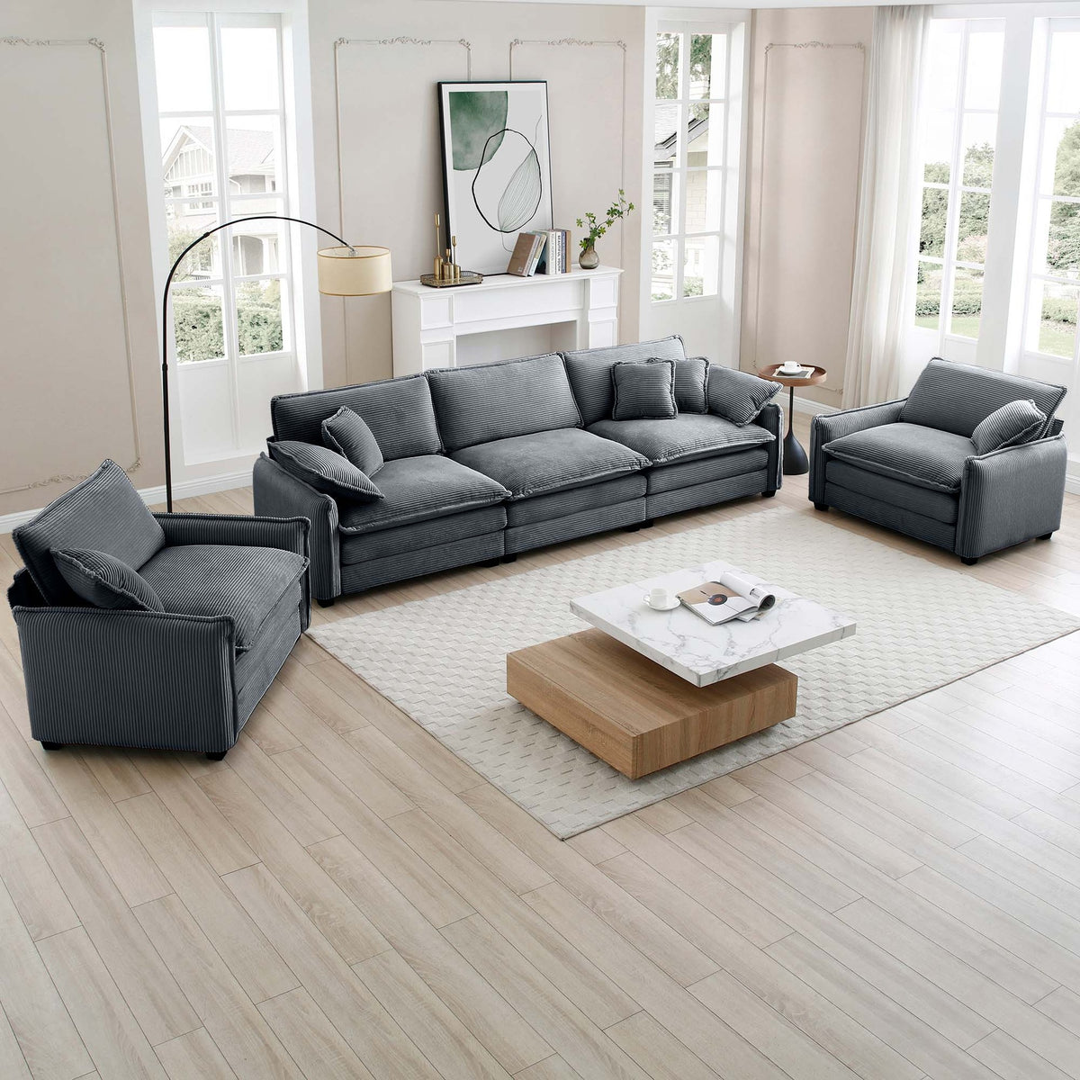 Warm and Cozy Sofa Set with Soft Cushions and Pillows, Home Theater Style Sofa Set Consisting of a 3-Seater Sofa and Two Single Sofas inGrey Corduroy Fabric