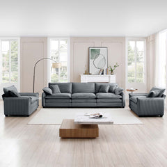 Warm and Cozy Sofa Set with Soft Cushions and Pillows, Home Theater Style Sofa Set Consisting of a 3-Seater Sofa and Two Single Sofas inGrey Corduroy Fabric