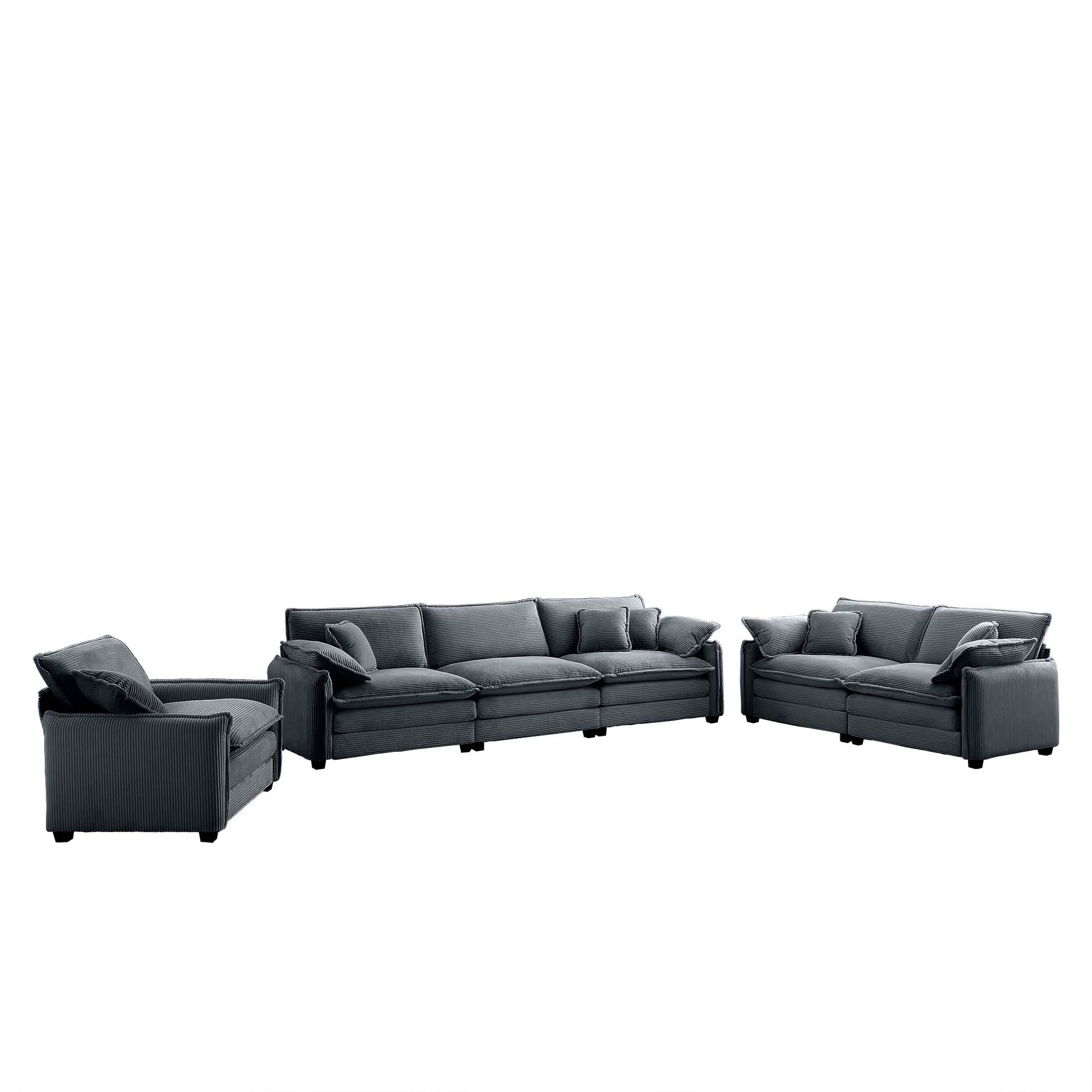 3 Piece  Comfortable Oversized Sectional Sofa, One Single Sofa and One 2-Seater Sofa and One 3-Seater Sofa ,Grey Corduroy Deep Seat Sofa