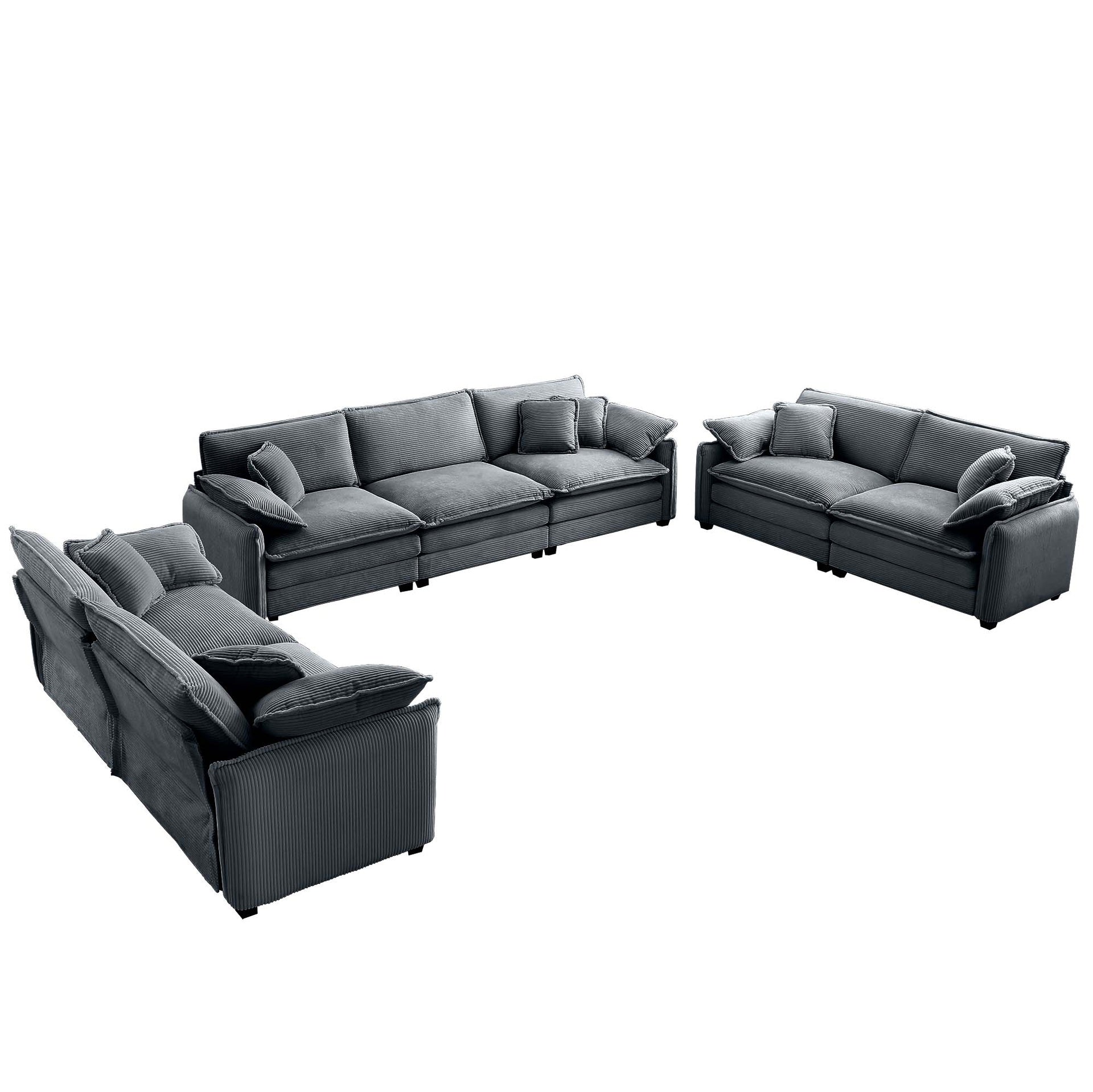 Modern Living Room Sofa 3 Pieces Set, Two 2-Seater Sofas and One 3-Seater Sofas, Upholstery Large Deep Seat Sofa with sofat Cushion and Pillowss,Grey Corduroy
