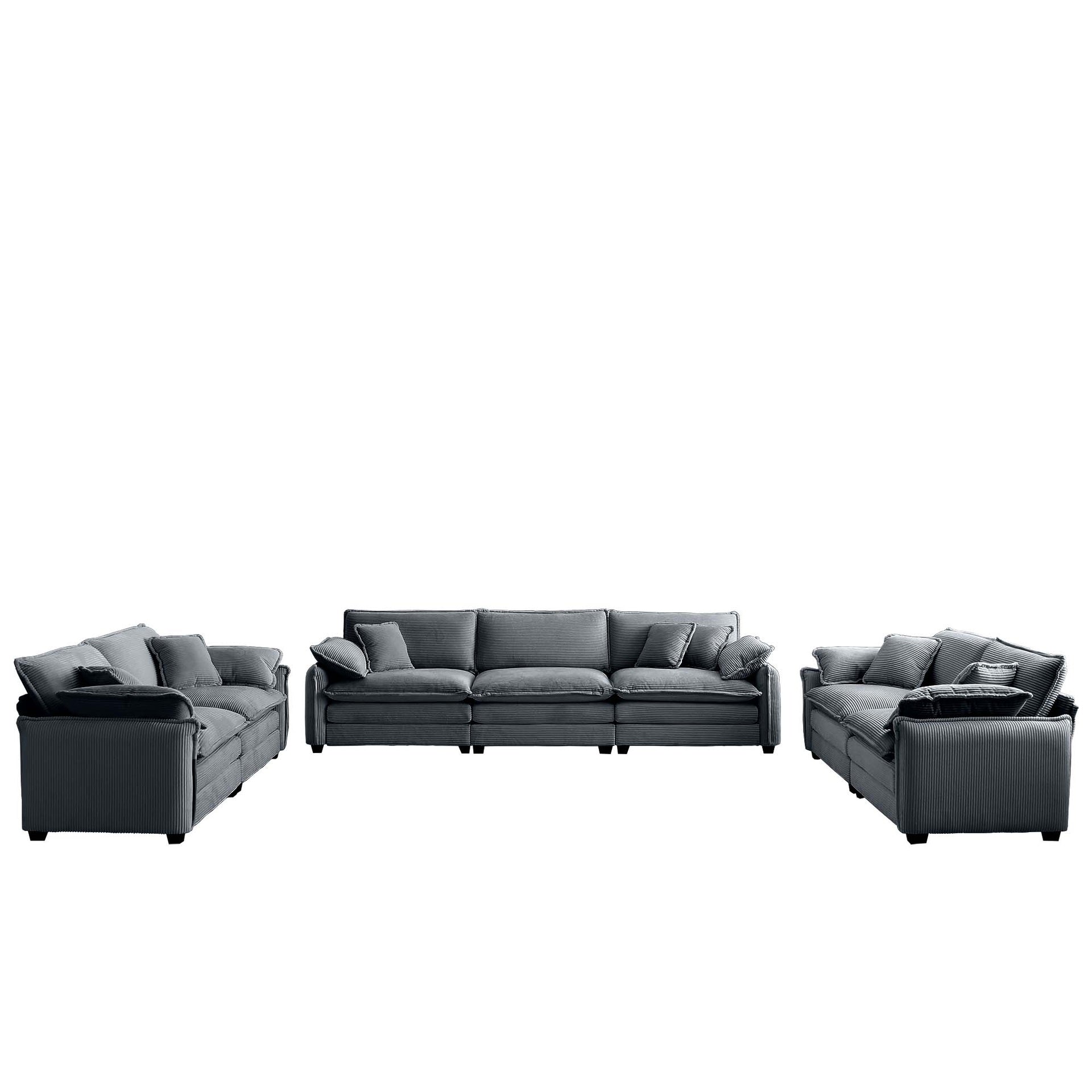 Modern Living Room Sofa 3 Pieces Set, Two 2-Seater Sofas and One 3-Seater Sofas, Upholstery Large Deep Seat Sofa with sofat Cushion and Pillowss,Grey Corduroy