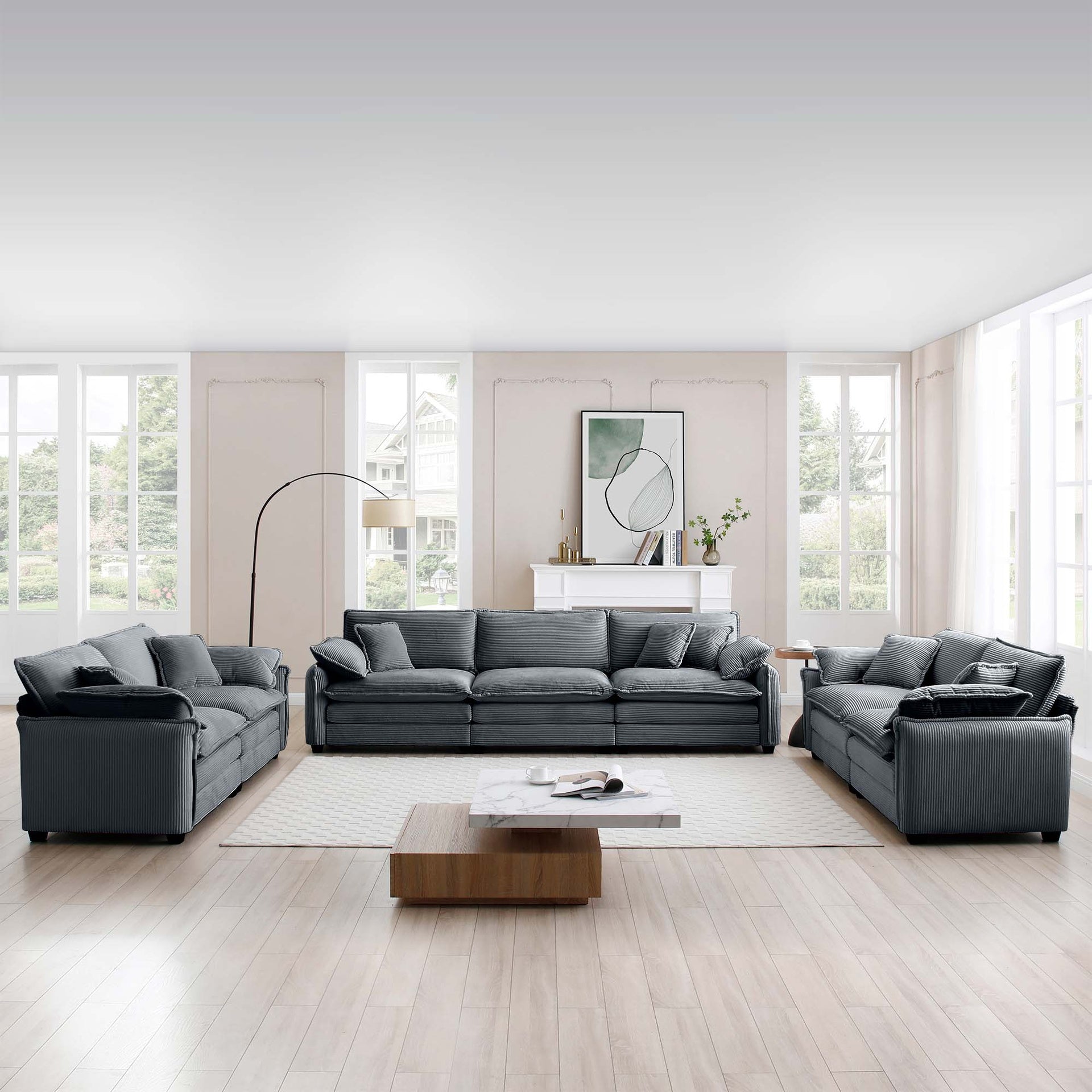 Modern Living Room Sofa 3 Pieces Set, Two 2-Seater Sofas and One 3-Seater Sofas, Upholstery Large Deep Seat Sofa with sofat Cushion and Pillowss,Grey Corduroy