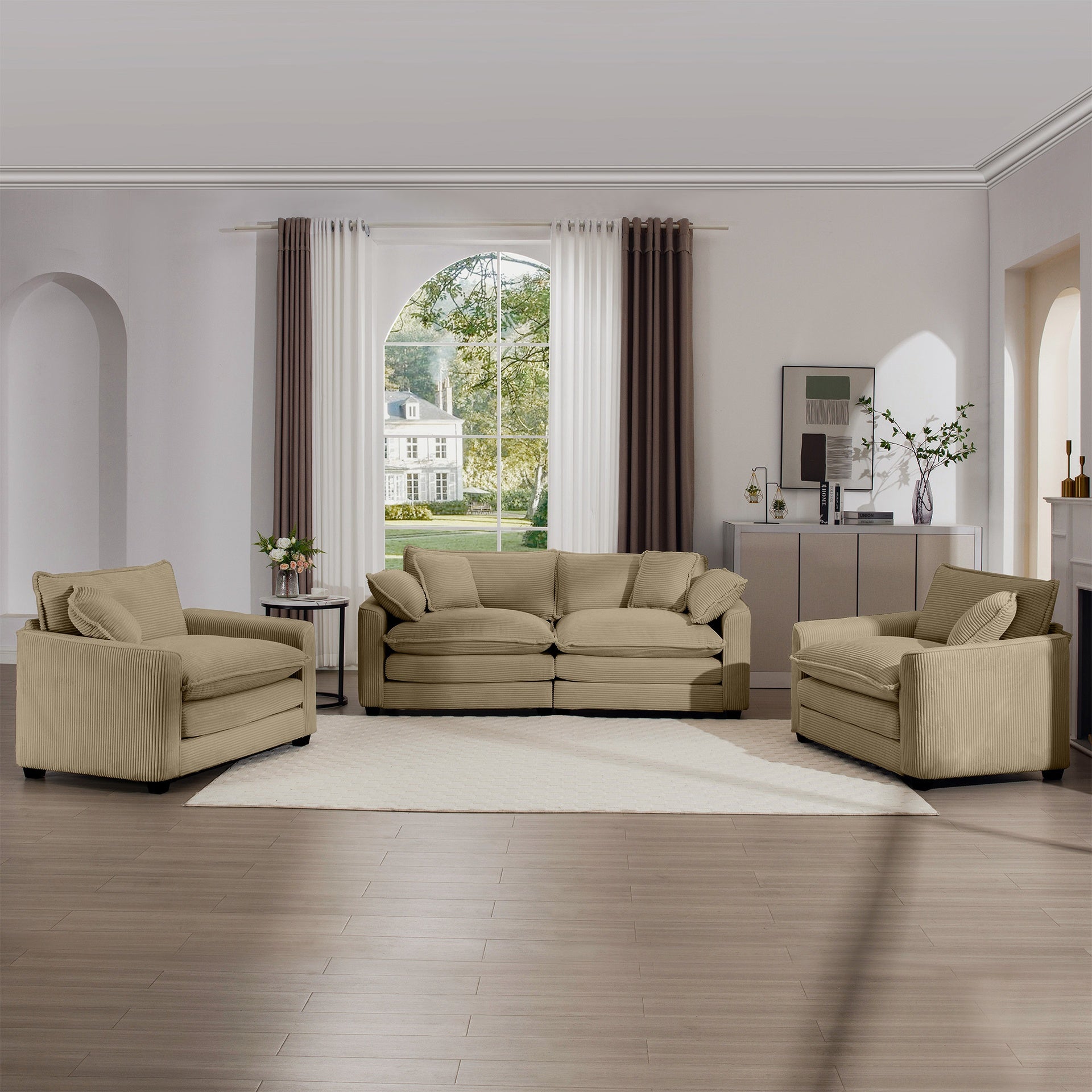 Warm and Cozy Sofa Set with Soft Cushions and Pillows, Home Theater Style Sofa Set Consisting of One 2-Seater Sofas and Two Single Sofa in Tan Corduroy Fabric