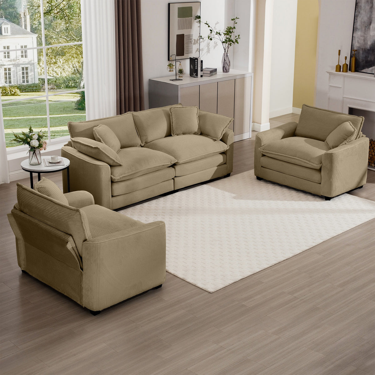 Warm and Cozy Sofa Set with Soft Cushions and Pillows, Home Theater Style Sofa Set Consisting of One 2-Seater Sofas and Two Single Sofa in Tan Corduroy Fabric