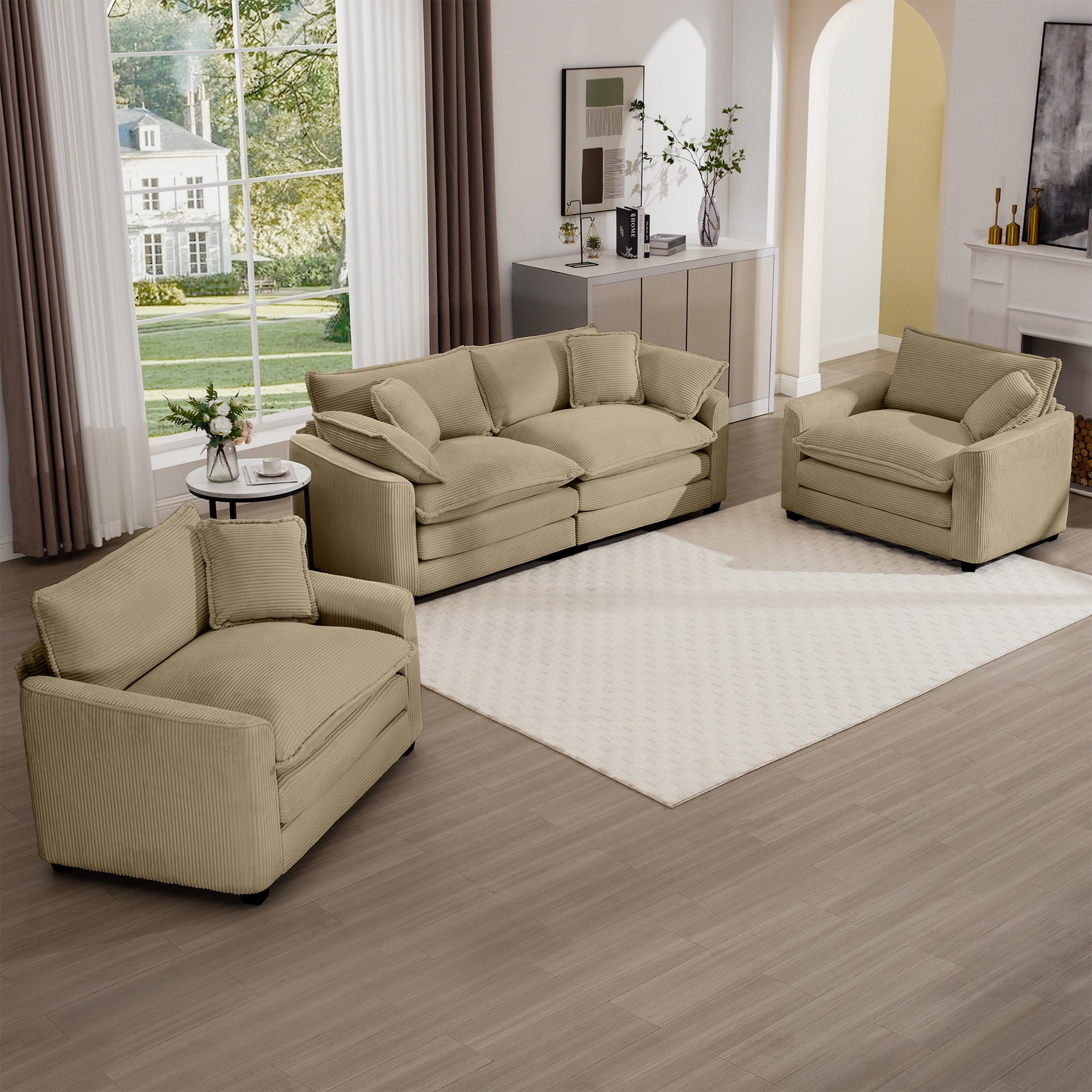 Warm and Cozy Sofa Set with Soft Cushions and Pillows, Home Theater Style Sofa Set Consisting of One 2-Seater Sofas and Two Single Sofa in Tan Corduroy Fabric