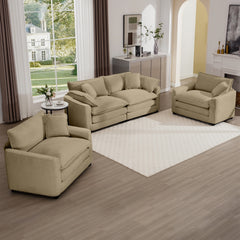 Warm and Cozy Sofa Set with Soft Cushions and Pillows, Home Theater Style Sofa Set Consisting of One 2-Seater Sofas and Two Single Sofa in Tan Corduroy Fabric
