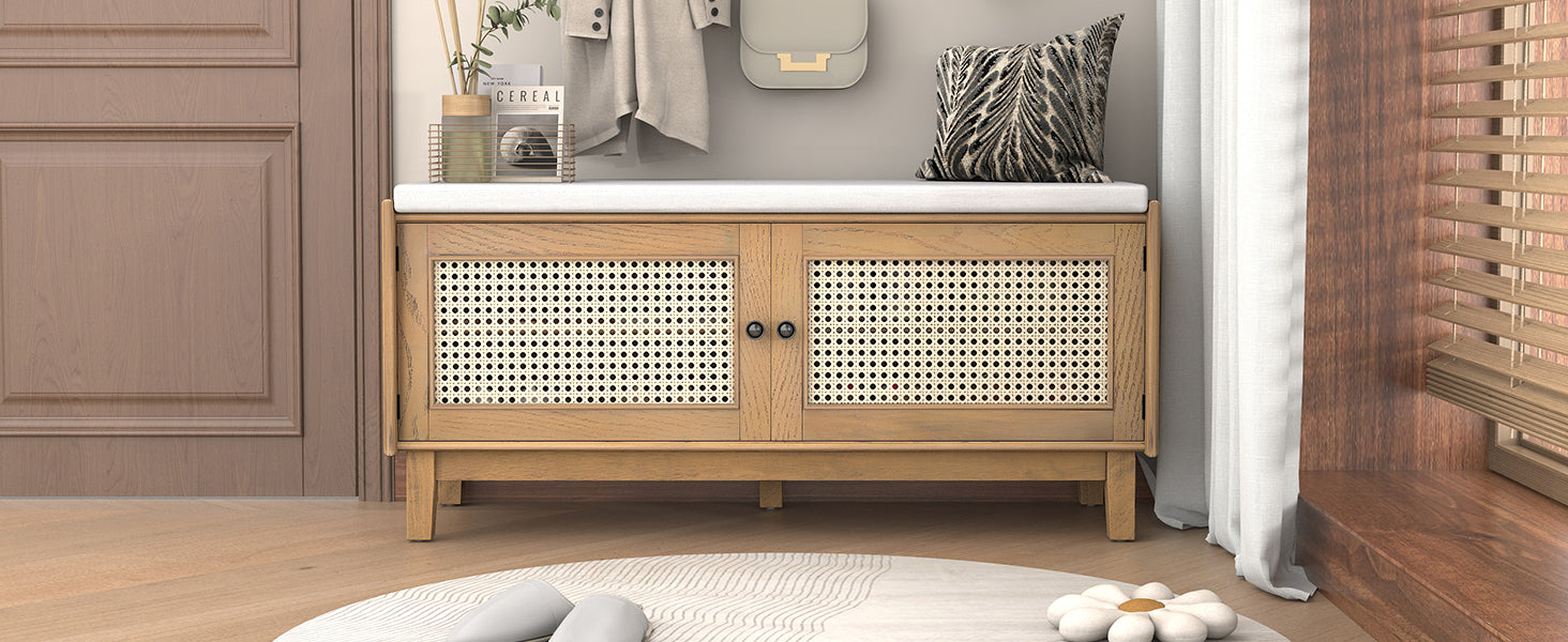 TREXM Boho Rattan Entryway Bench with Storage, Cushioned Shoe Bench with Double Doors, Wooden Shoe Organizer Bench for Entryway and Hallway (Brown+Beige )