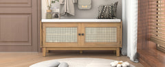 TREXM Boho Rattan Entryway Bench with Storage, Cushioned Shoe Bench with Double Doors, Wooden Shoe Organizer Bench for Entryway and Hallway (Brown+Beige )