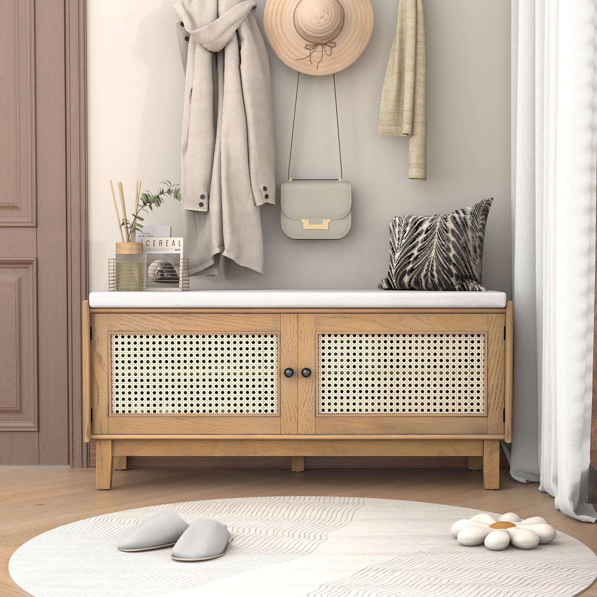 TREXM Boho Rattan Entryway Bench with Storage, Cushioned Shoe Bench with Double Doors, Wooden Shoe Organizer Bench for Entryway and Hallway (Brown+Beige )