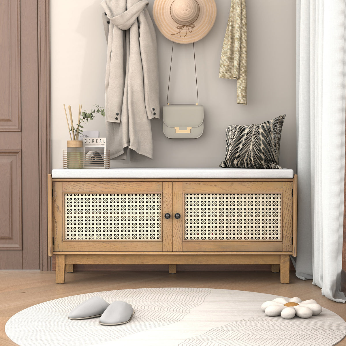 TREXM Boho Rattan Entryway Bench with Storage, Cushioned Shoe Bench with Double Doors, Wooden Shoe Organizer Bench for Entryway and Hallway (Brown+Beige )
