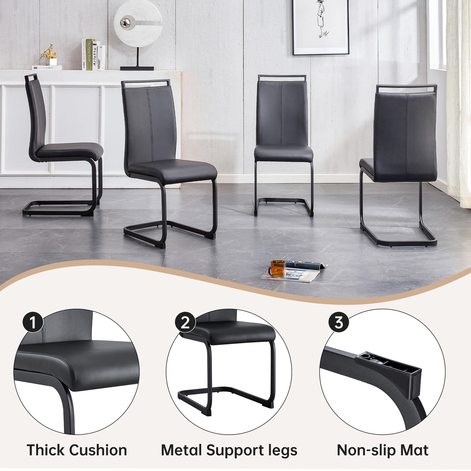 Black Faux Wood Grain MDF Dining Table Set.A minimalist retro rectangular dining table with a black textured top.Paired with 4 Black PU chairs with Black Featuring arched black legs.