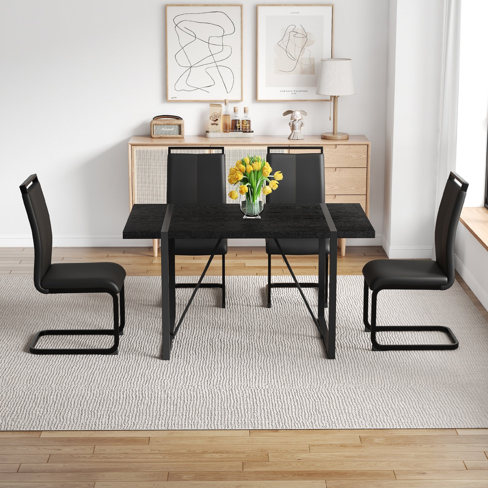 Black Faux Wood Grain MDF Dining Table Set.A minimalist retro rectangular dining table with a black textured top.Paired with 4 Black PU chairs with Black Featuring arched black legs.