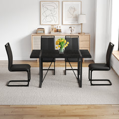 Black Faux Wood Grain MDF Dining Table Set.A minimalist retro rectangular dining table with a black textured top.Paired with 4 Black PU chairs with Black Featuring arched black legs.