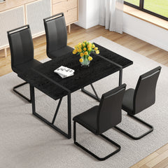 Black Faux Wood Grain MDF Dining Table Set.A minimalist retro rectangular dining table with a black textured top.Paired with 4 Black PU chairs with Black Featuring arched black legs.