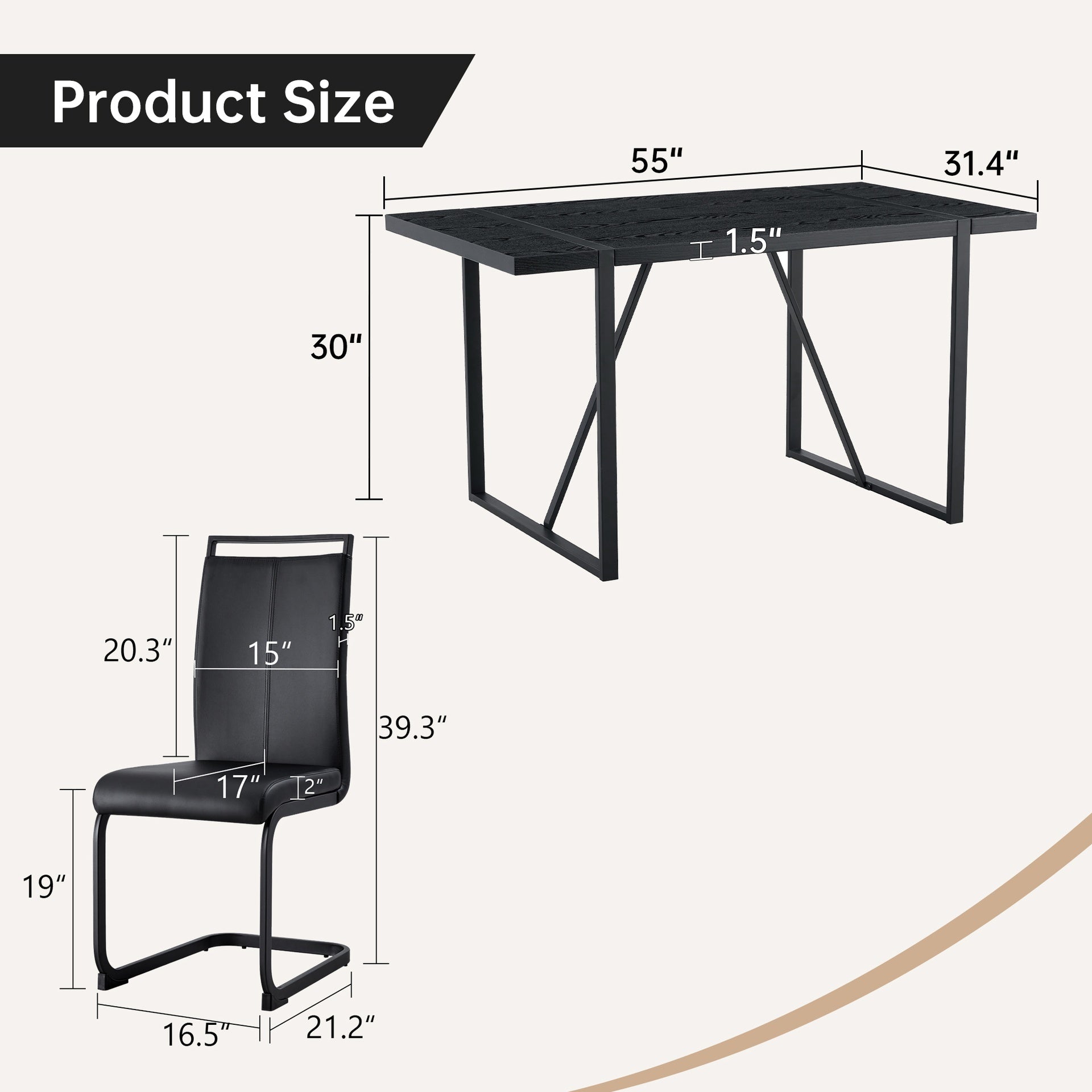 Black Faux Wood Grain MDF Dining Table Set.A minimalist retro rectangular dining table with a black textured top.Paired with 4 Black PU chairs with Black Featuring arched black legs.