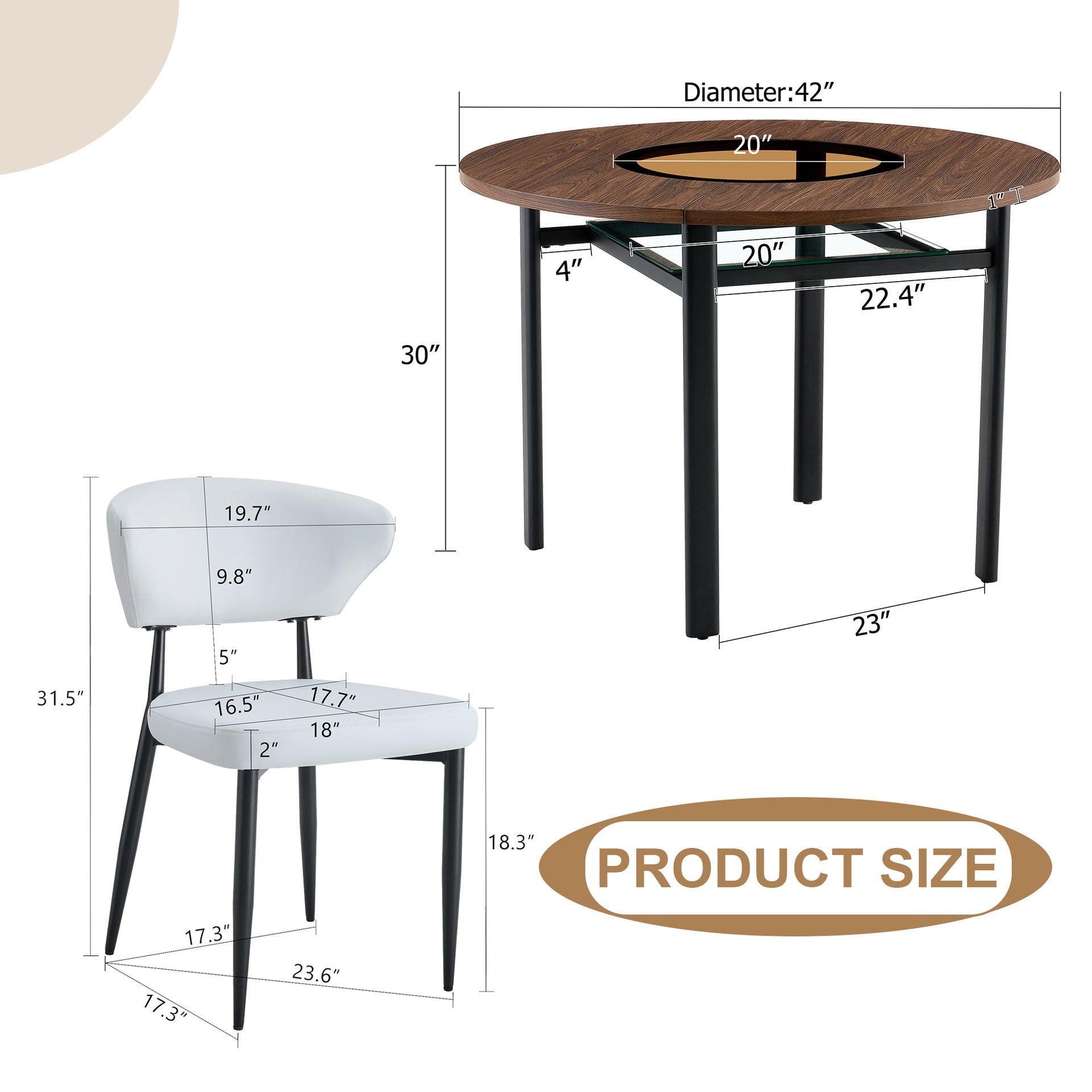 Table and chair set.42 inch modern minimalist brown wood grain round dining table set.Paired with 4 White PU Ergonomic Dining Chair, With A Curved Backrest For Comfortable Design.