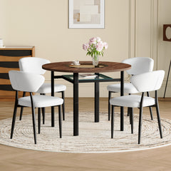 Table and chair set.42 inch modern minimalist brown wood grain round dining table set.Paired with 4 White PU Ergonomic Dining Chair, With A Curved Backrest For Comfortable Design.