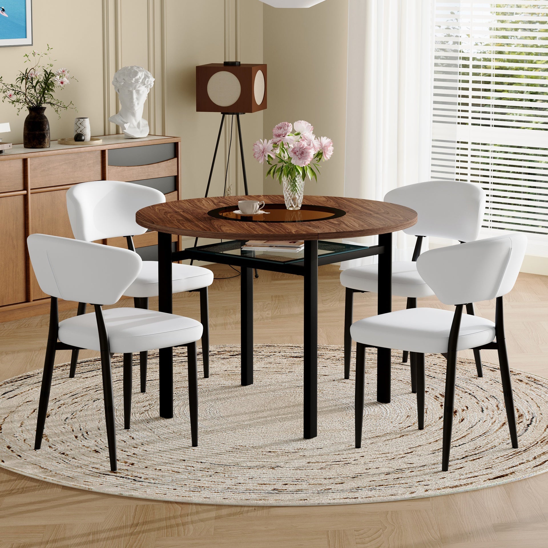 Table and chair set.42 inch modern minimalist brown wood grain round dining table set.Paired with 4 White PU Ergonomic Dining Chair, With A Curved Backrest For Comfortable Design.