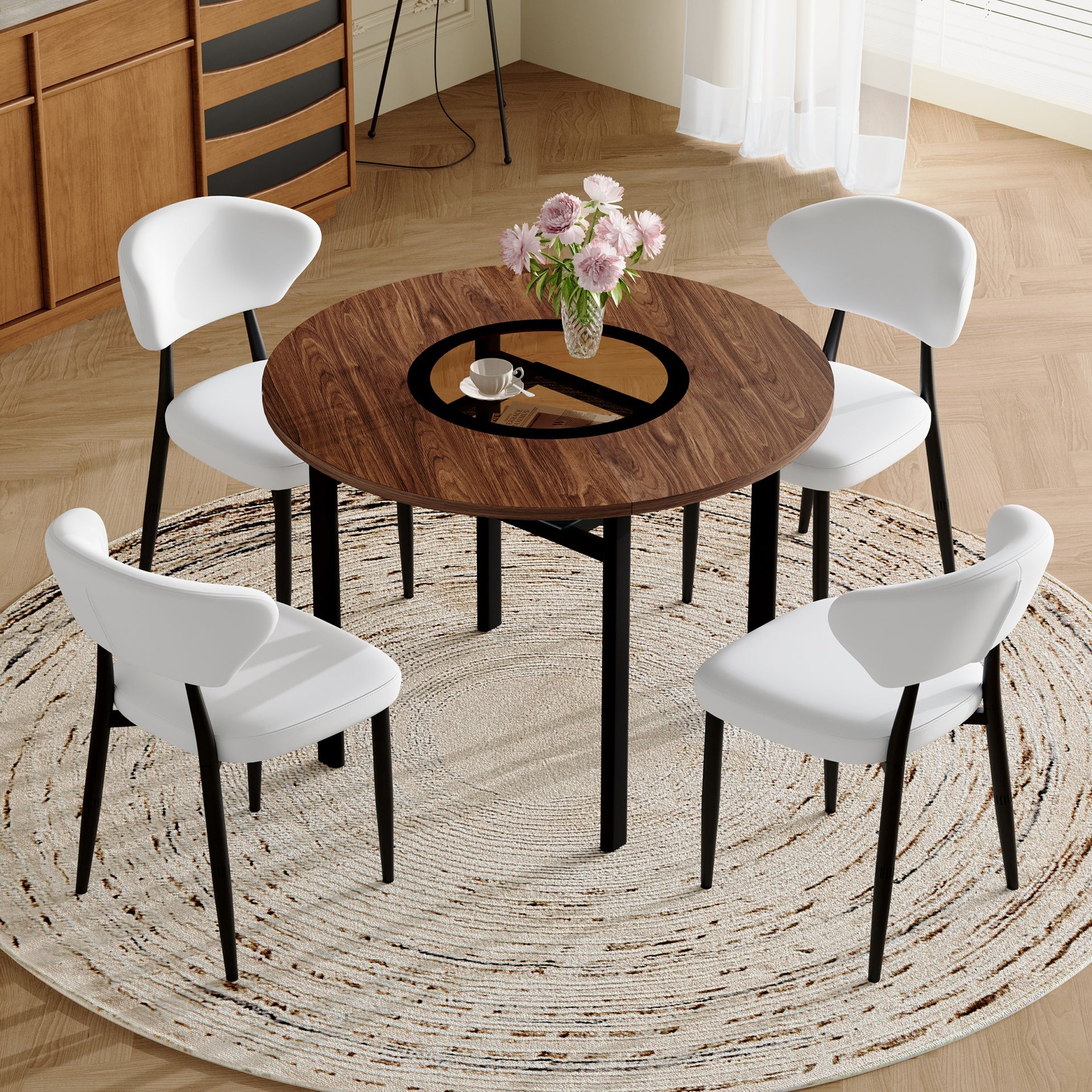 Table and chair set.42 inch modern minimalist brown wood grain round dining table set.Paired with 4 White PU Ergonomic Dining Chair, With A Curved Backrest For Comfortable Design.