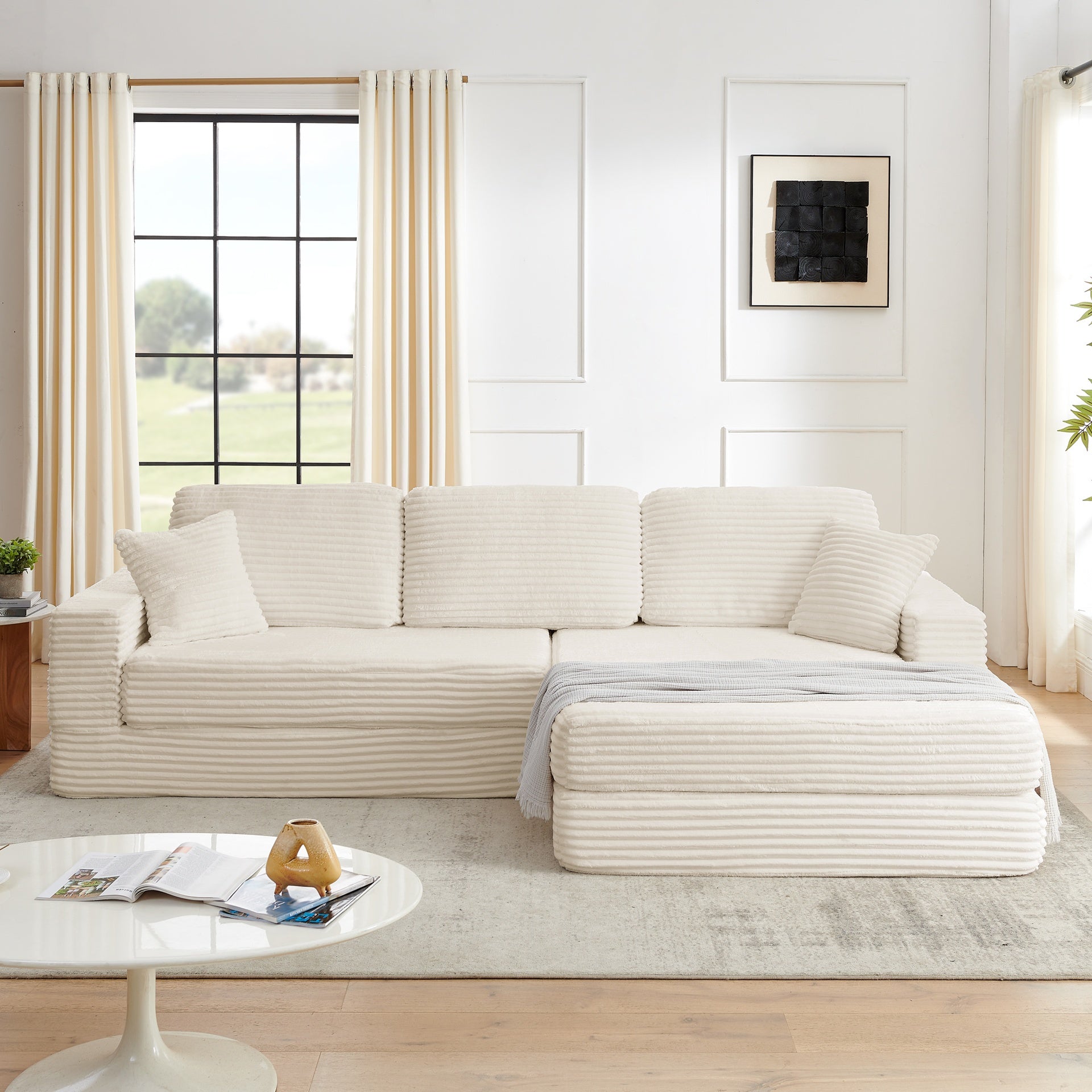 Right sofa seat,  L shape Modular Sectional Sofa, Compressed Sectional Sofa Modern Minimalist Style Corduroy Couch,Unfold into a bed, Bedroom, Comfy Compressed Sofa Couch Space-Efficient Design-Beige