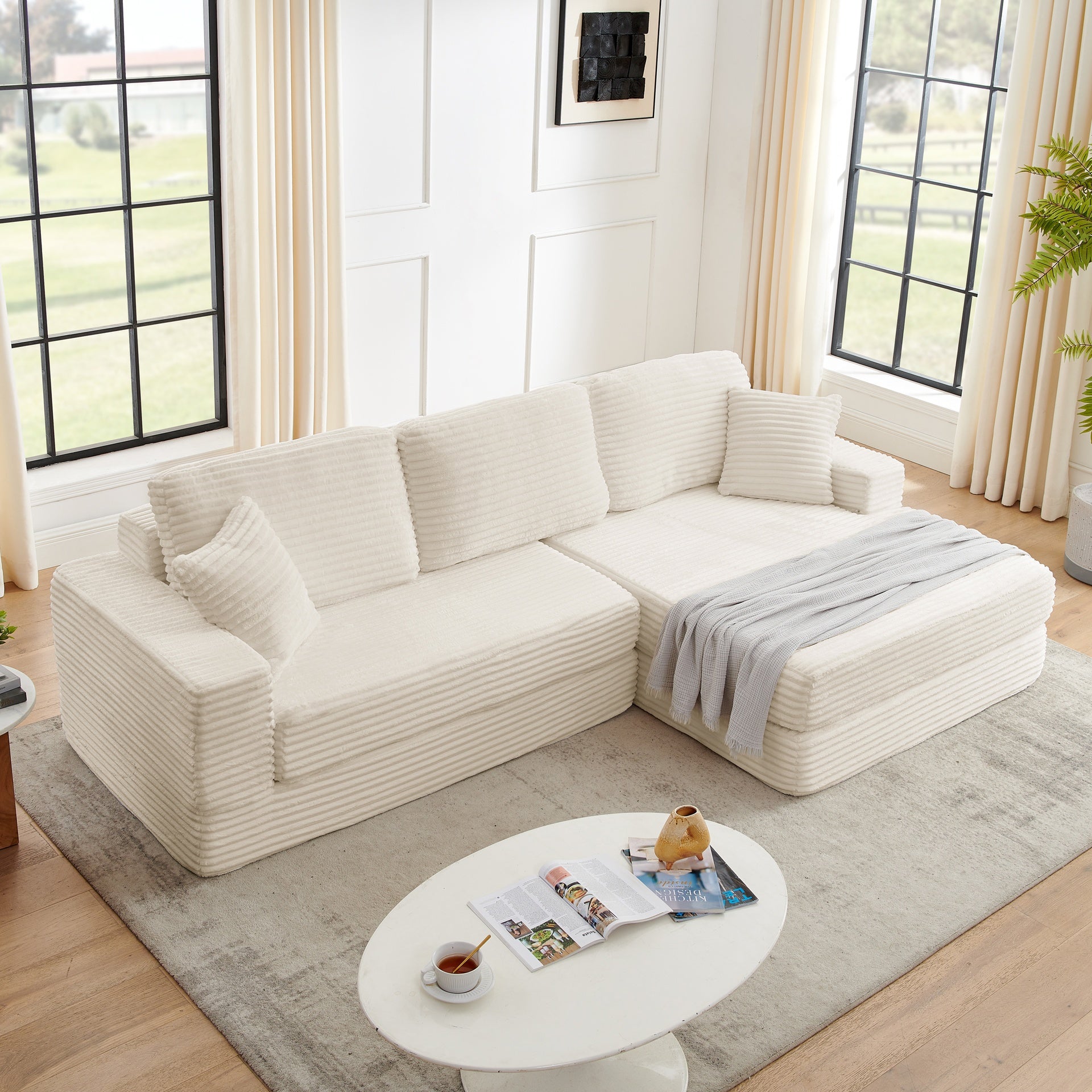 Right sofa seat,  L shape Modular Sectional Sofa, Compressed Sectional Sofa Modern Minimalist Style Corduroy Couch,Unfold into a bed, Bedroom, Comfy Compressed Sofa Couch Space-Efficient Design-Beige