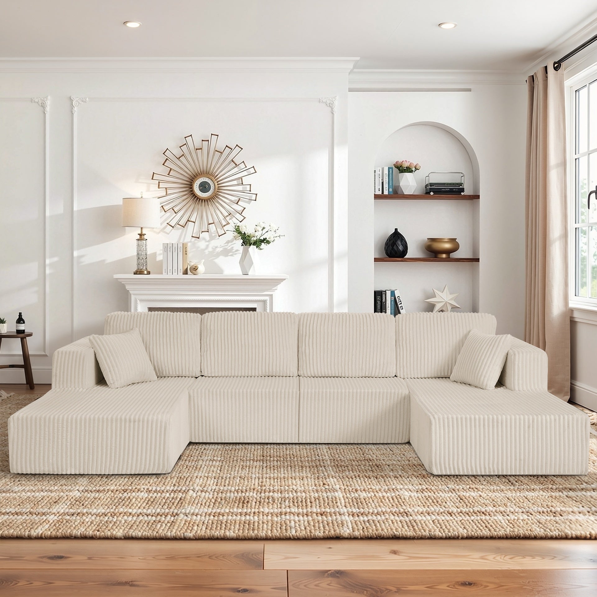 U-Shaped Modular Sectional Sofa [SIZE UPGRADED], Modern Minimalist Corduroy Compressed Sleeper Couch, Extra Spacious Design for Living Room/Bedroom, Comfy Space-Saving Sofa-Beige