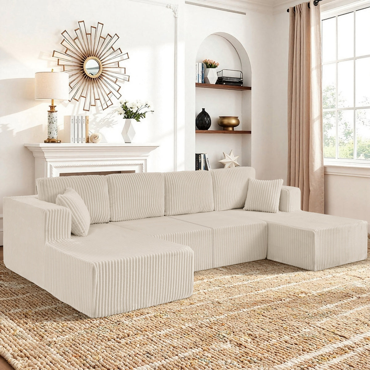 U-Shaped Modular Sectional Sofa [SIZE UPGRADED], Modern Minimalist Corduroy Compressed Sleeper Couch, Extra Spacious Design for Living Room/Bedroom, Comfy Space-Saving Sofa-Beige
