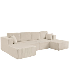 U-Shaped Modular Sectional Sofa [SIZE UPGRADED], Modern Minimalist Corduroy Compressed Sleeper Couch, Extra Spacious Design for Living Room/Bedroom, Comfy Space-Saving Sofa-Beige