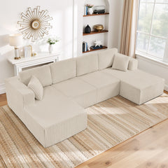 U-Shaped Modular Sectional Sofa [SIZE UPGRADED], Modern Minimalist Corduroy Compressed Sleeper Couch, Extra Spacious Design for Living Room/Bedroom, Comfy Space-Saving Sofa-Beige