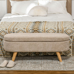 HOMCOM Storage Ottoman Bench, 43.3" Teddy Fleece Upholstered End of Bed Bench with Wood Legs and Padded Seat, Oval Modern Entryway Bench, Beige