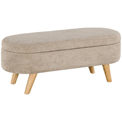 HOMCOM Storage Ottoman Bench, 43.3" Teddy Fleece Upholstered End of Bed Bench with Wood Legs and Padded Seat, Oval Modern Entryway Bench, Beige