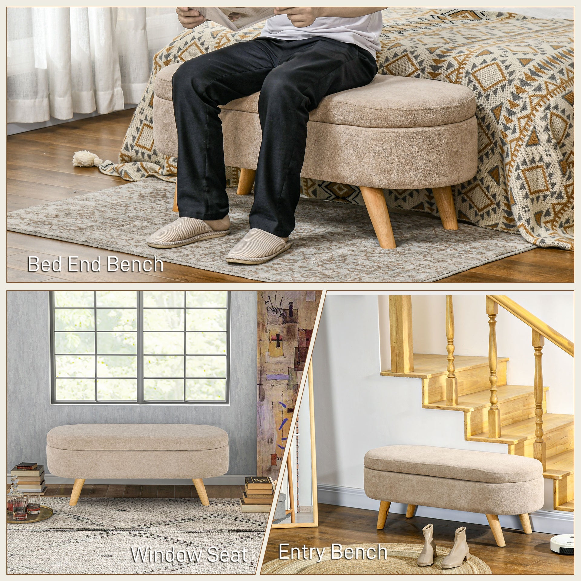 HOMCOM Storage Ottoman Bench, 43.3" Teddy Fleece Upholstered End of Bed Bench with Wood Legs and Padded Seat, Oval Modern Entryway Bench, Beige