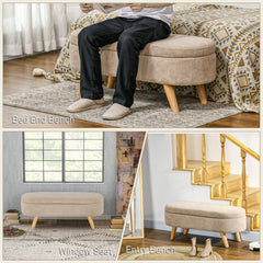 HOMCOM Storage Ottoman Bench, 43.3" Teddy Fleece Upholstered End of Bed Bench with Wood Legs and Padded Seat, Oval Modern Entryway Bench, Beige