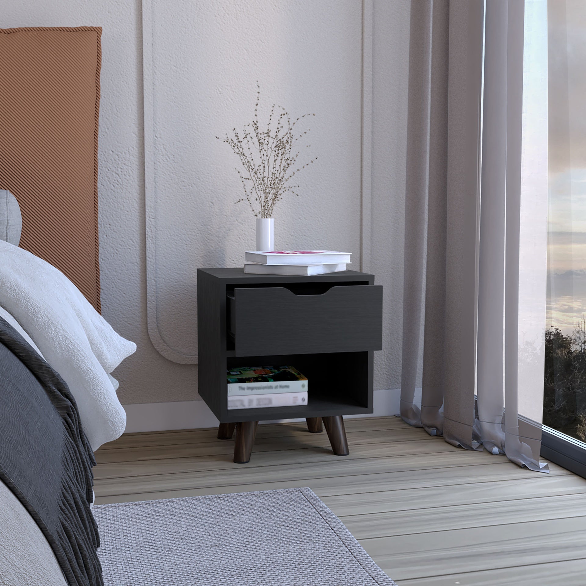 Crail Nightstand with 1 Open Storage Shelf, 1 Drawer and Wooden Legs