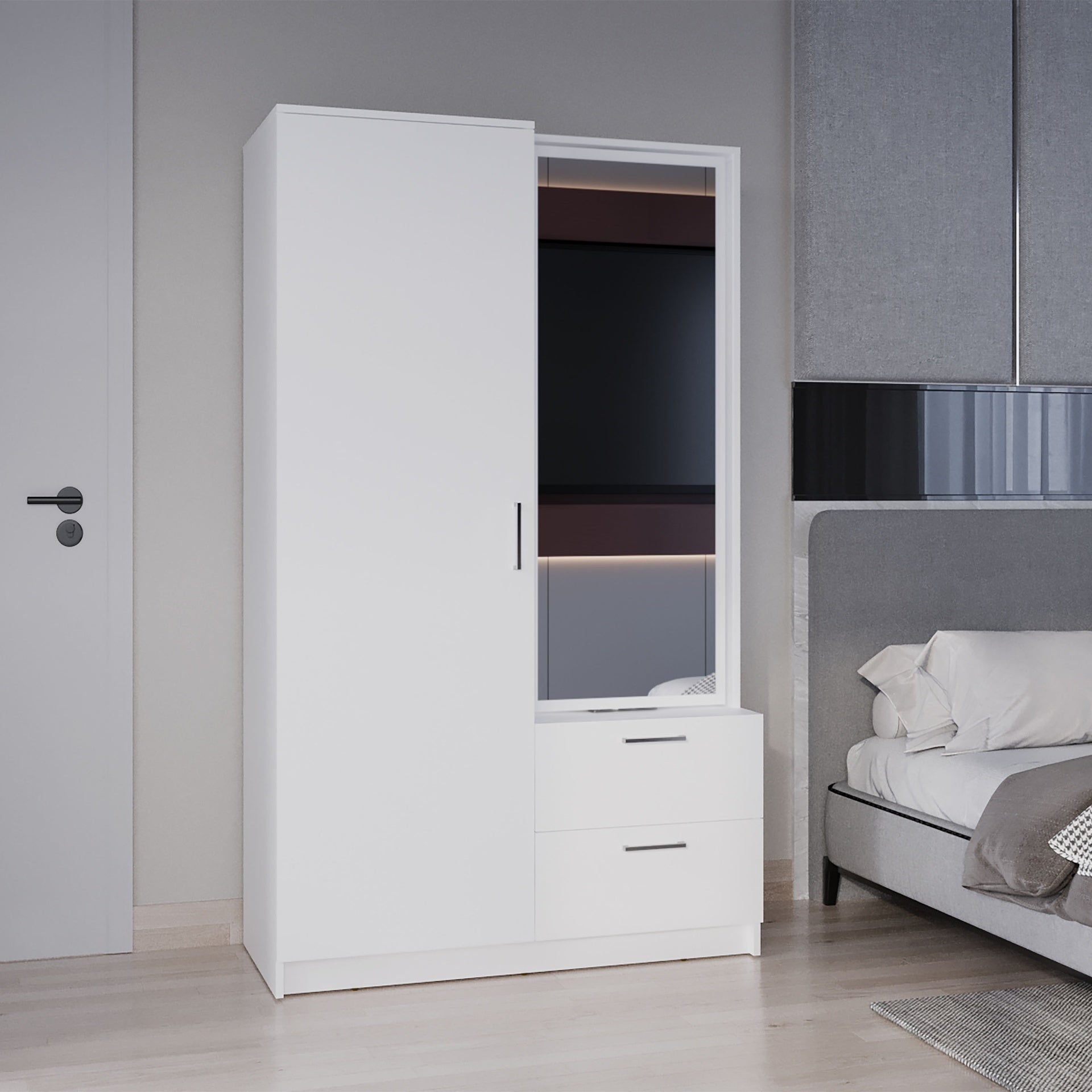 Seville 71" High Mirror Armoire, One Door Cabinet, Two Drawers , Hanging Rod, Rotating Mirror And Shoe Rack, Two Shelves White