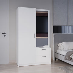 Seville 71" High Mirror Armoire, One Door Cabinet, Two Drawers , Hanging Rod, Rotating Mirror And Shoe Rack, Two Shelves White