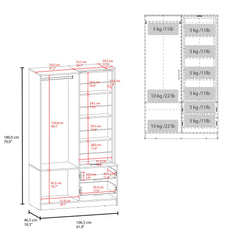 Seville 71" High Mirror Armoire, One Door Cabinet, Two Drawers , Hanging Rod, Rotating Mirror And Shoe Rack, Two Shelves White