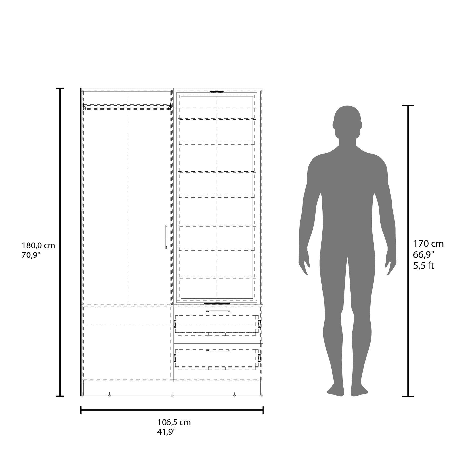 Seville 71" High Mirror Armoire, One Door Cabinet, Two Drawers , Hanging Rod, Rotating Mirror And Shoe Rack, Two Shelves White