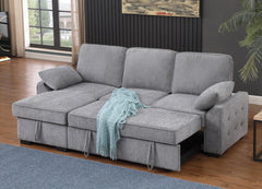 Marcello 91"W Light Gray Chenille Fabric Reversible Sleeper Sectional with Storage Chaise, Drop-Down Table, Cup Holders and Charging Ports