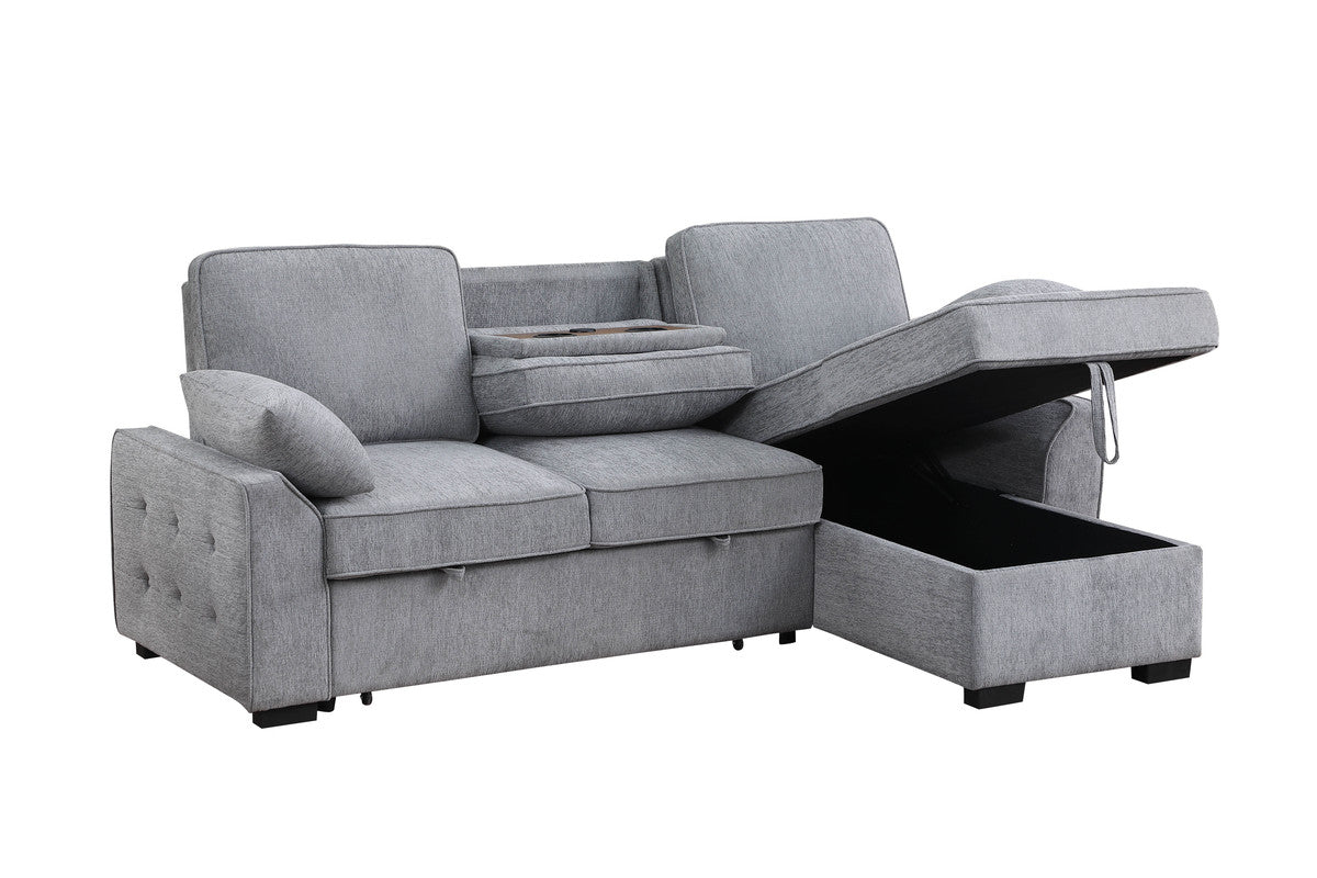 Marcello 91"W Light Gray Chenille Fabric Reversible Sleeper Sectional with Storage Chaise, Drop-Down Table, Cup Holders and Charging Ports