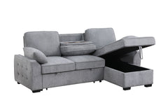 Marcello 91"W Light Gray Chenille Fabric Reversible Sleeper Sectional with Storage Chaise, Drop-Down Table, Cup Holders and Charging Ports