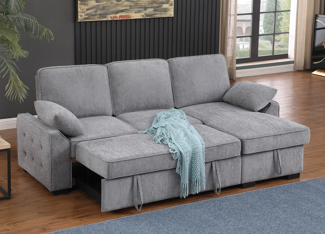 Marcello 91"W Light Gray Chenille Fabric Reversible Sleeper Sectional with Storage Chaise, Drop-Down Table, Cup Holders and Charging Ports