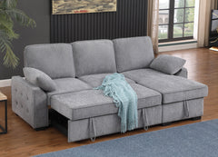 Marcello 91"W Light Gray Chenille Fabric Reversible Sleeper Sectional with Storage Chaise, Drop-Down Table, Cup Holders and Charging Ports