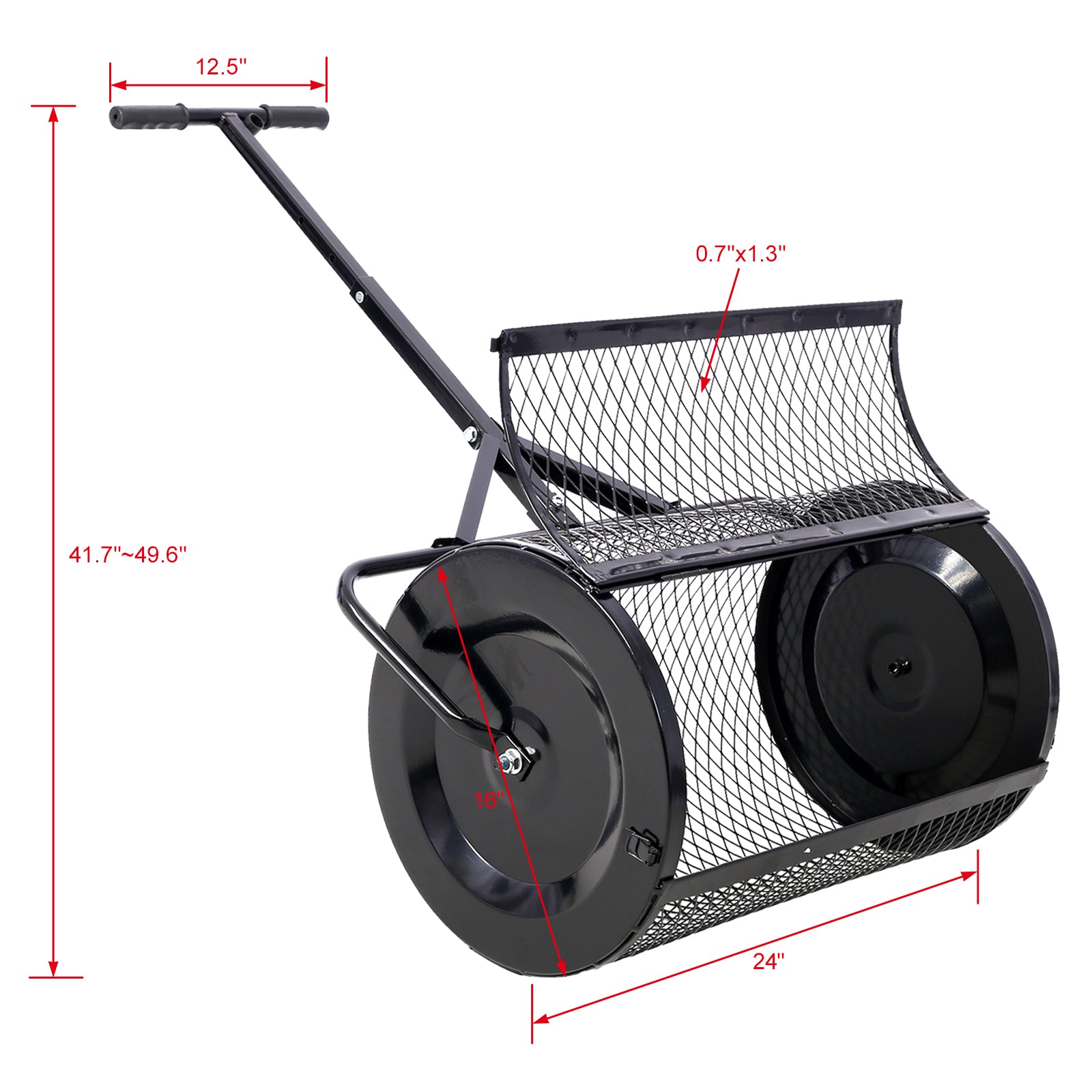 Peat Moss Spreader 24inch,Compost Spreader Metal Mesh,T shaped Handle for planting seeding,Lawn and Garden Care Manure Spreaders Roller,heavy duty balck