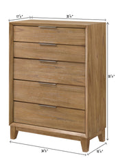 1pc Contemporary 5-Drawer Tall Chest Natural Wood Finish Wooden Bedroom Furniture