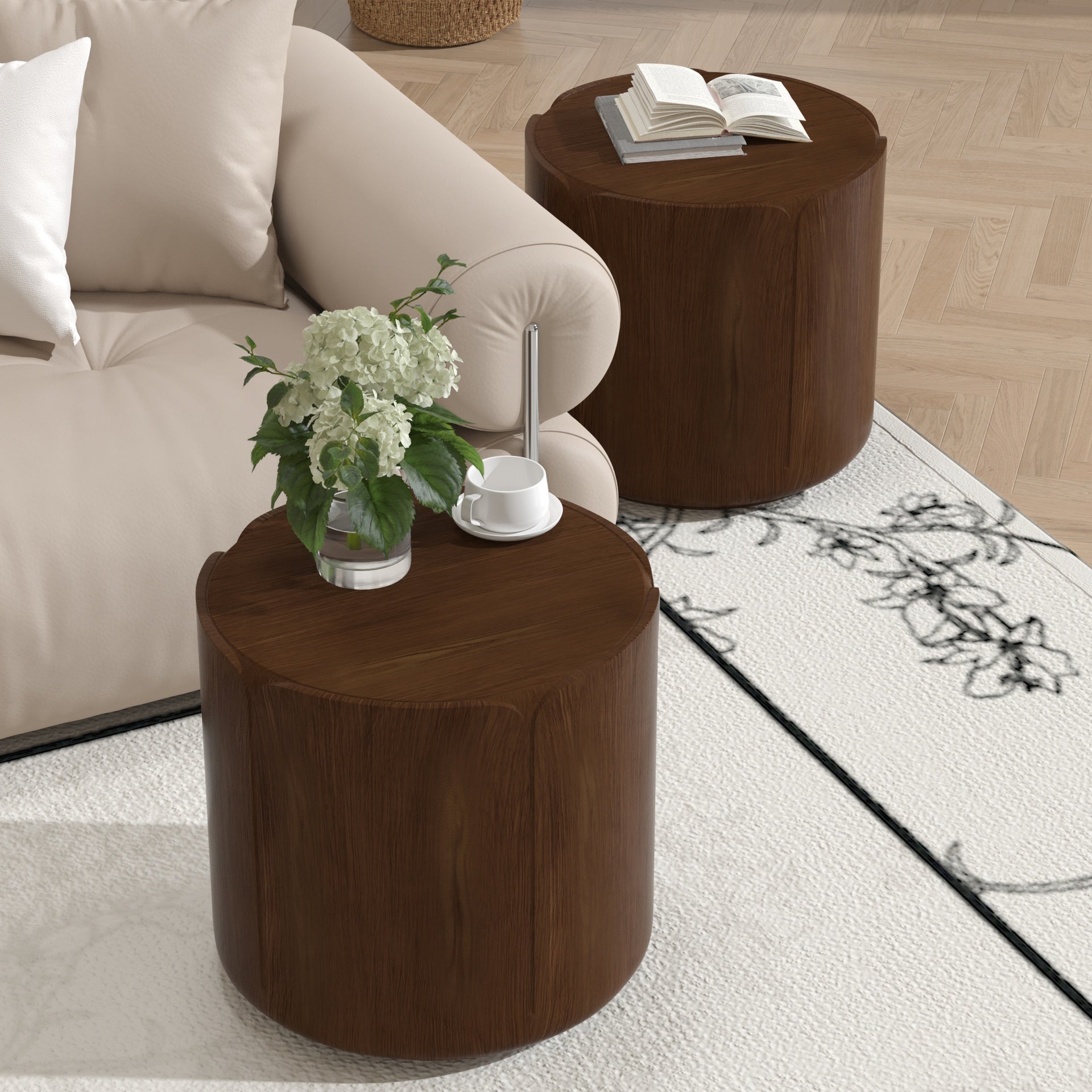 19.29"H Round Outdoor Indoor Side Table Set, Modern Wood Grain Patio Garden Stool Set, Sturdy Magnesium Oxide Waterproof, No-Assembly Table for Patio, Garden, Backyard, Living Room,Brown,Set of 2