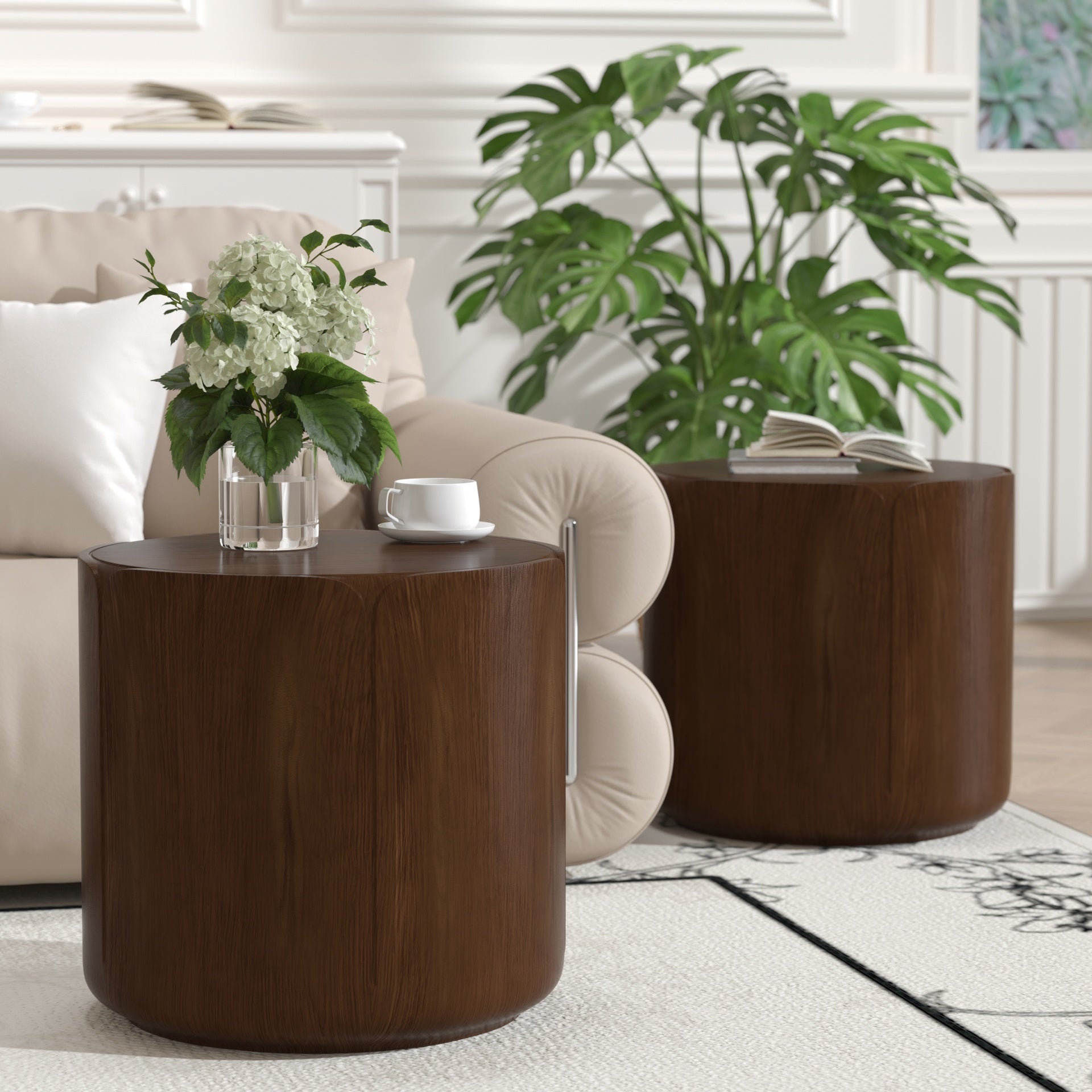 19.29"H Round Outdoor Indoor Side Table Set, Modern Wood Grain Patio Garden Stool Set, Sturdy Magnesium Oxide Waterproof, No-Assembly Table for Patio, Garden, Backyard, Living Room,Brown,Set of 2