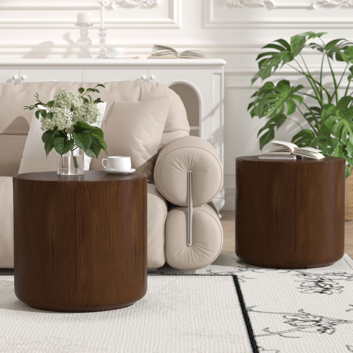 19.29"H Round Outdoor Indoor Side Table Set, Modern Wood Grain Patio Garden Stool Set, Sturdy Magnesium Oxide Waterproof, No-Assembly Table for Patio, Garden, Backyard, Living Room,Brown,Set of 2