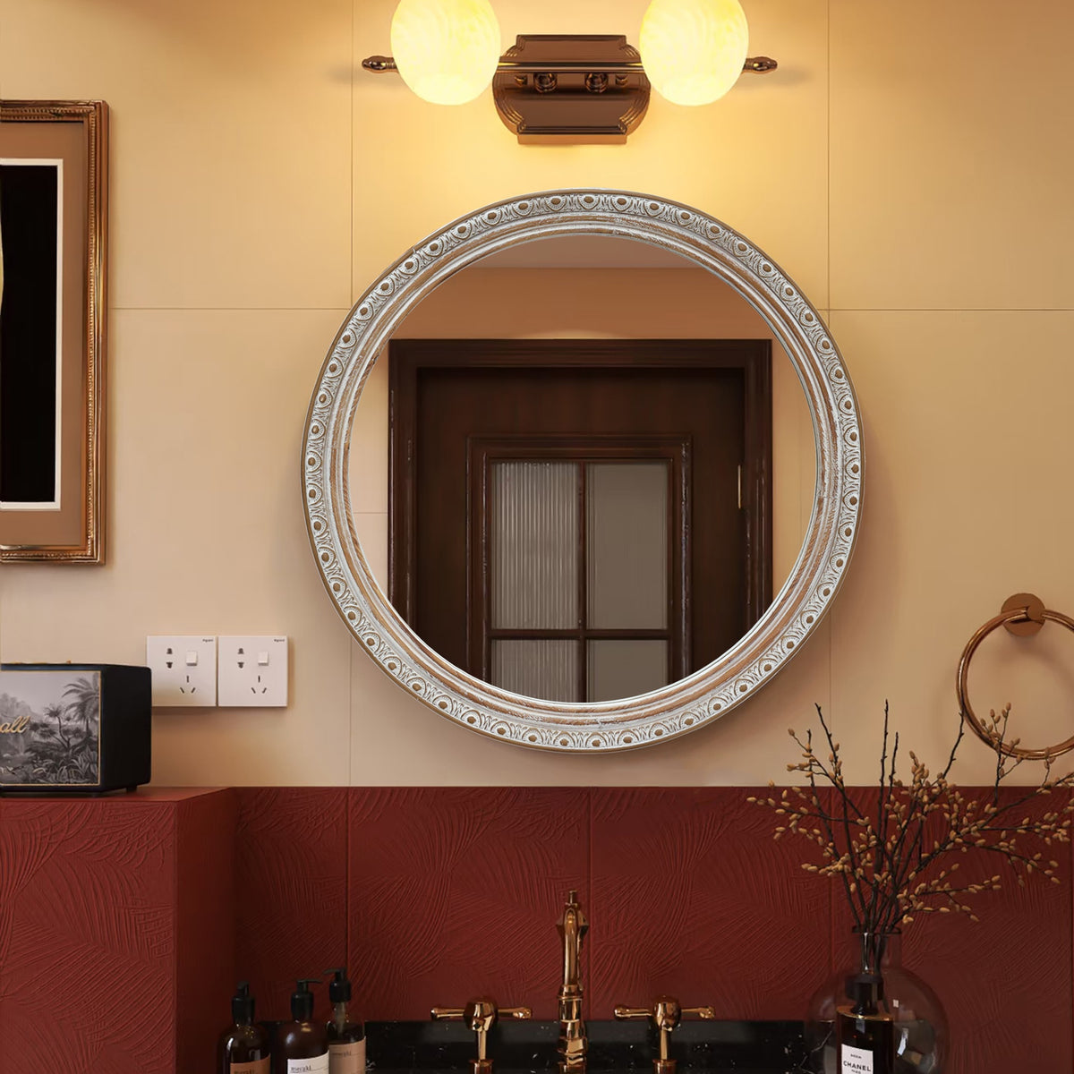 Ornate Round Wall Mirror (23.62" x 23.62") - Distressed Silver-Gold Carved Frame, Decorative Hanging Mirror for Bathroom, Bedroom, Entryway & Living Room