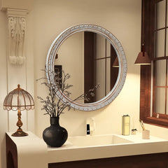 Ornate Round Wall Mirror (23.62" x 23.62") - Distressed Silver-Gold Carved Frame, Decorative Hanging Mirror for Bathroom, Bedroom, Entryway & Living Room